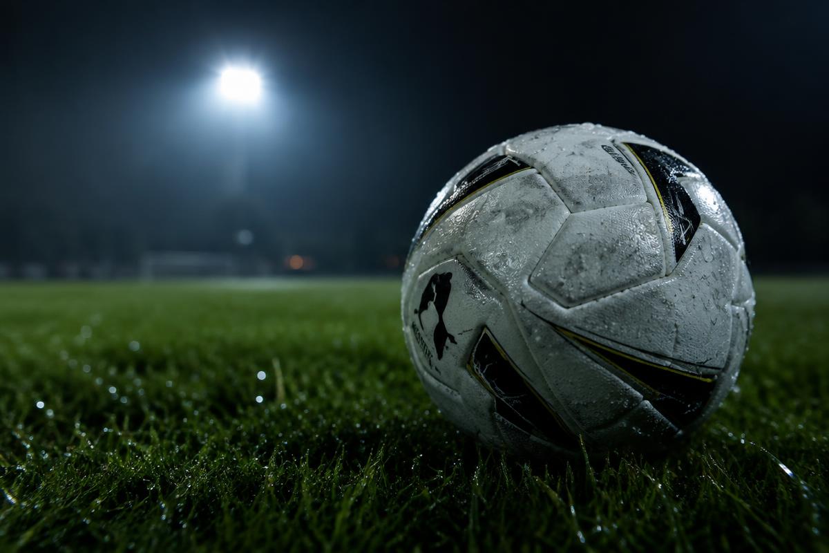Wet football resting on a rain-soaked pitch