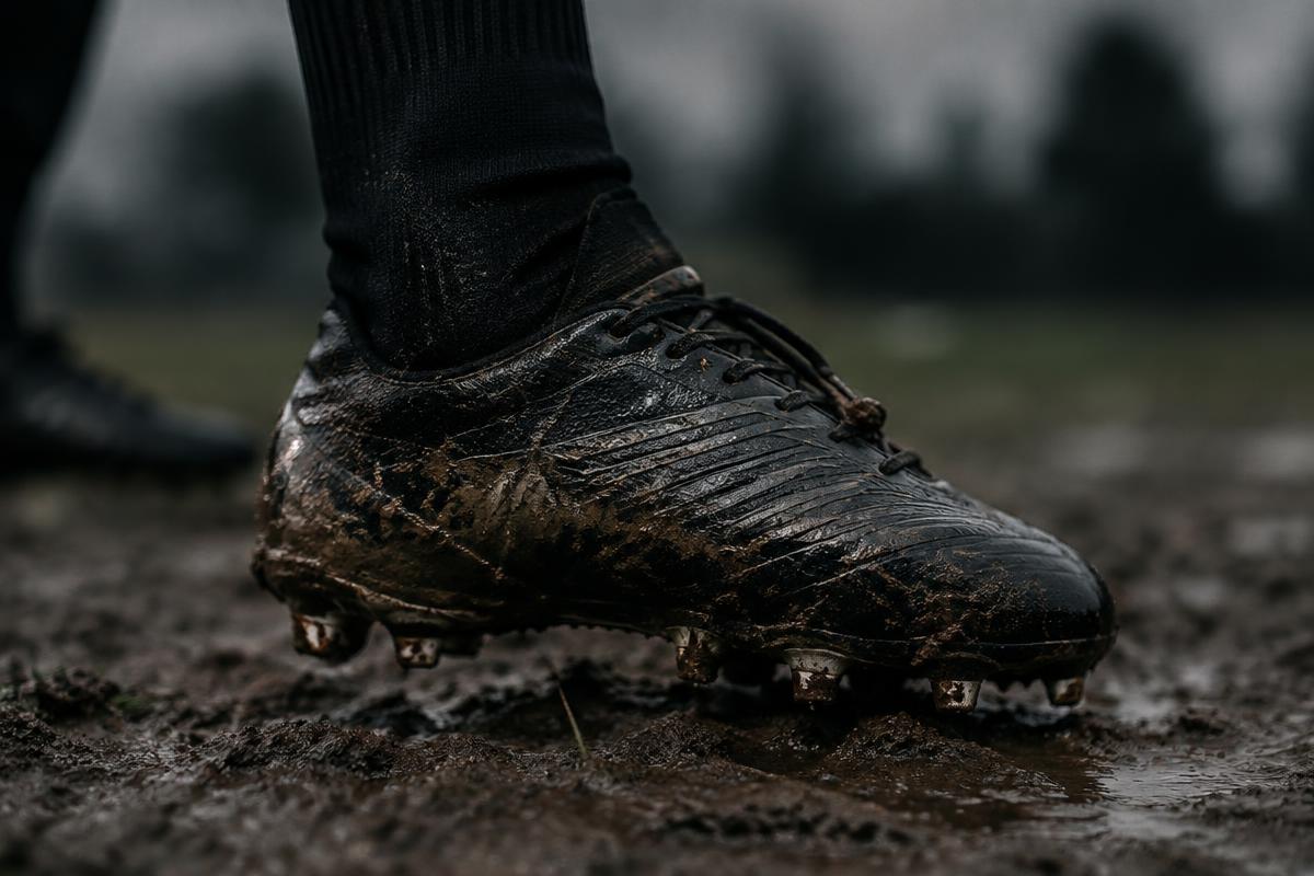 Muddy football boot striking the ball