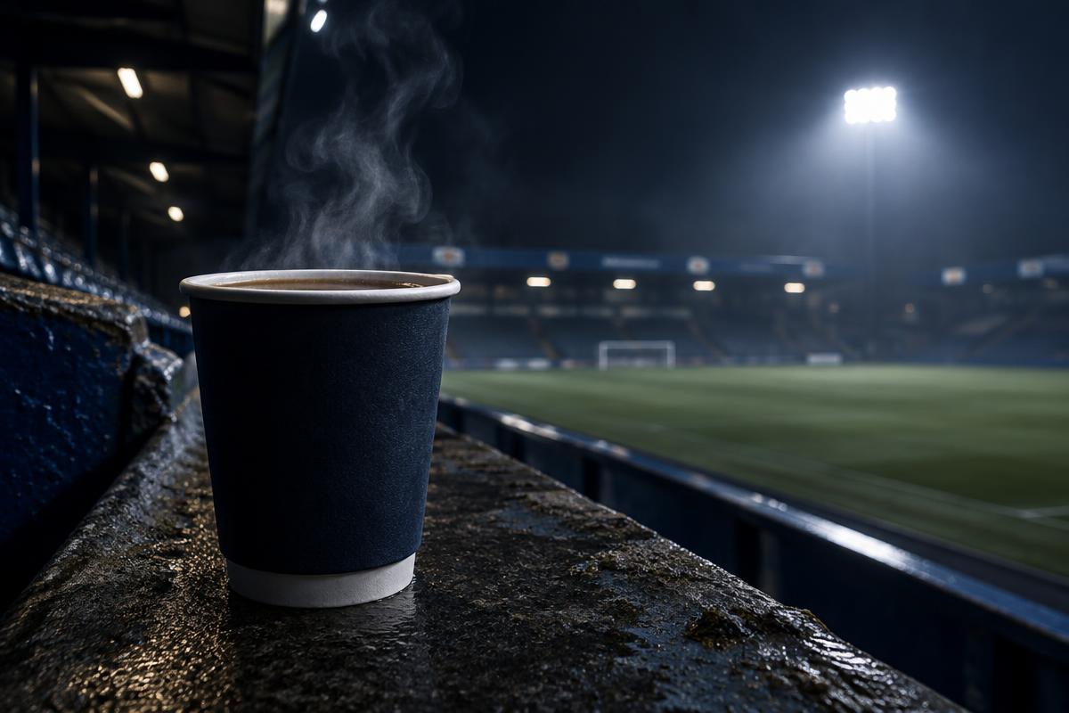 Steaming cup of tea on a football terrace