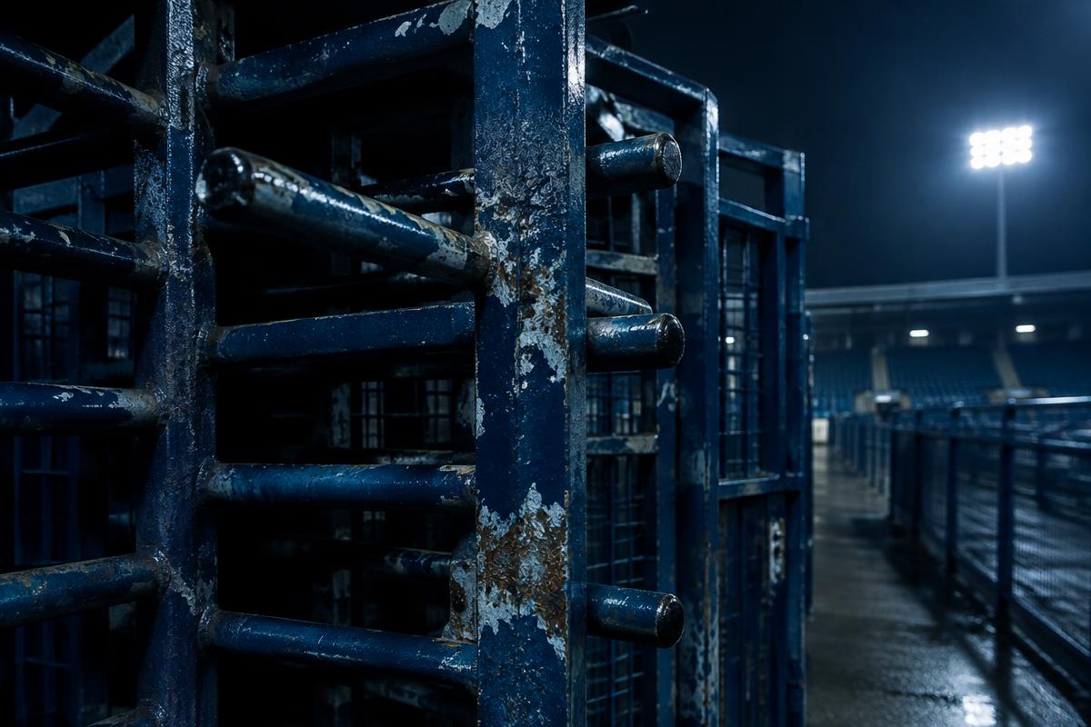 Weathered industrial turnstile at an old Scottish stadium